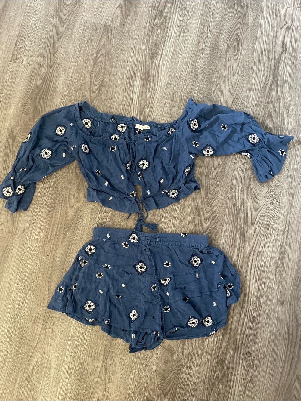 Blue Embroidered Two-Piece Crop Top and Shorts Set